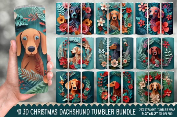 3D Christmas Dachshund Tumbler Bundle: Festive Illustrations