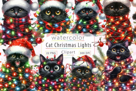 Cat Wrapped in Christmas Lights Bundle: Festive Illustrations