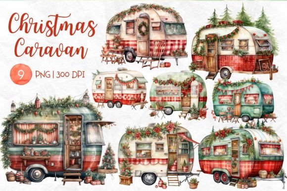Christmas Caravan Watercolor Sublimation: Fresh Illustrations