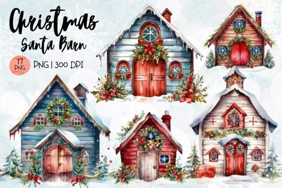 Christmas Santa Barn Watercolor Clipart & Illustrations