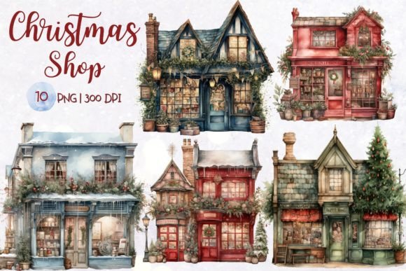 Christmas Shop Watercolor Sublimation: Festive Illustrations