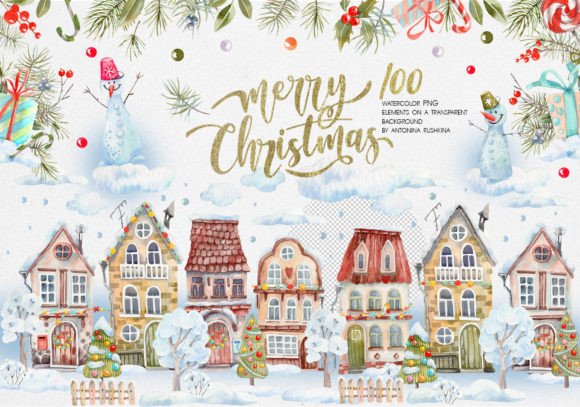 Christmas Watercolor Houses: Festive Illustrations for Sellers
