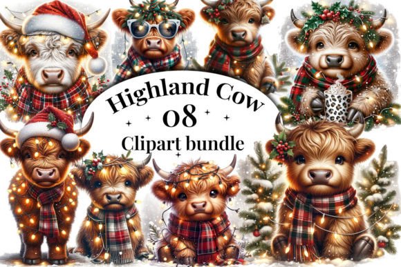 Cute Christmas Highland Cow Clipart: Festive Illustrations