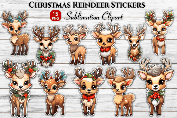 Cute Christmas Reindeer Stickers Bundle Illustrations