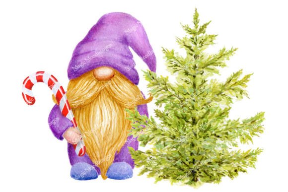 Gnome Christmas Tree Watercolor Painting: Illustrations