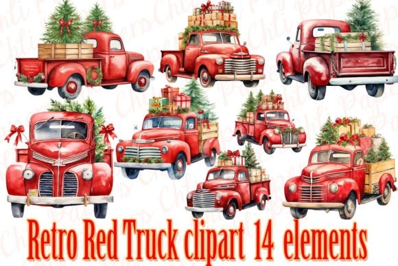 Retro Truck Watercolor Clipart: Festive Illustrations