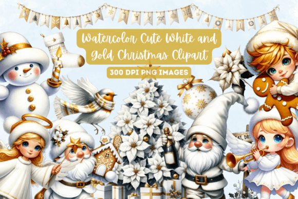 Review: Watercolor Cute White and Gold Christmas Illustrations
