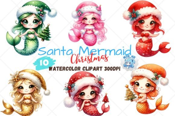 Santa Mermaid Christmas Clipart: Niche Illustrations