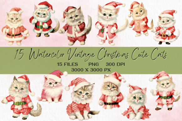 Vintage Christmas Cute Cat Clipart & Illustrations Review