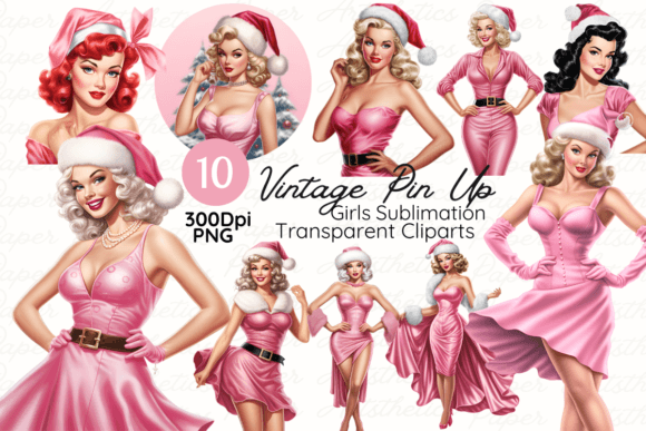 Vintage Pin Up Pink Christmas Girls: Festive Illustrations