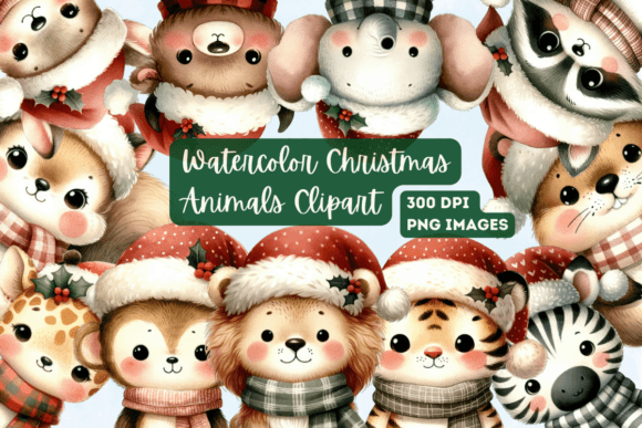 Watercolor Christmas Animals Clipart for Illustrations