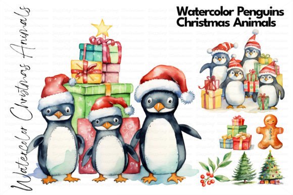 Watercolor Christmas Penguins: Festive Illustrations