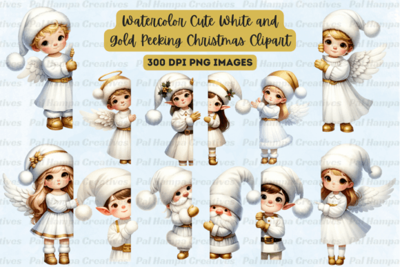 White and Gold Peeking Christmas Clipart: Premium Illustrations